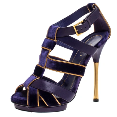 Pre-owned Gucci Purple Velvet And Leather Malika Strappy Sandals Size 34.5