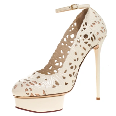 Pre-owned Charlotte Olympia Cream Cut Out Leather Scribble Dolores Ankle Strap Platform Pumps Size 41