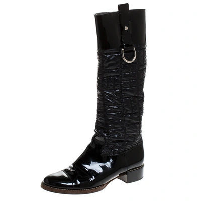 Pre-owned Dolce & Gabbana Black Patent Leather And Quilted Nylon Knee Boots Size 40