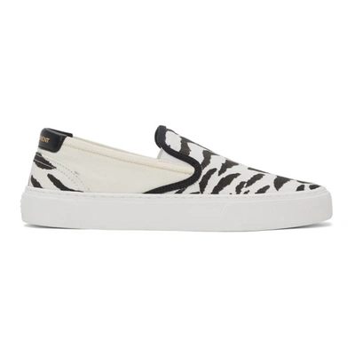 Saint Laurent Venice Zebra-stripe Canvas Slip-on Sneakers In White & Black & Milk