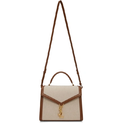 Saint Laurent Cassandra Mini Leather-trimmed Canvas Tote In Brown