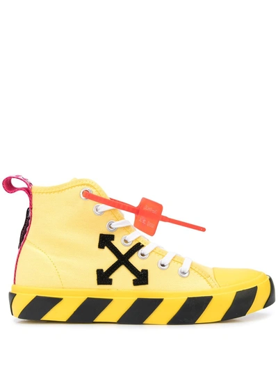 Off-white Men's Arrow Mid-top Canvas Sneaker W/ Stripes In Yellow