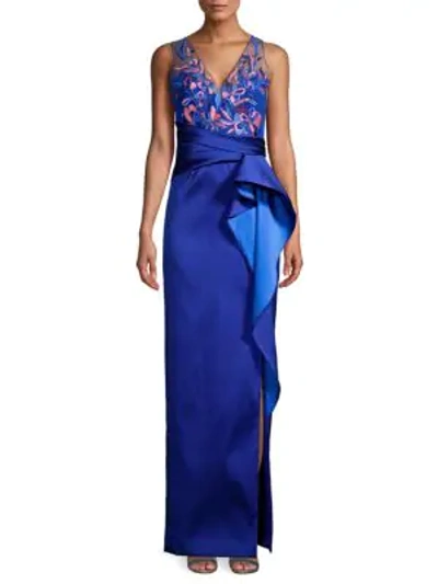 Marchesa Draped & Beaded Sleeveless Gown In Blue