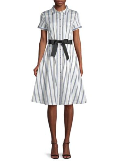 Karl Lagerfeld Belted & Striped A-line Shirtdress In Soft White