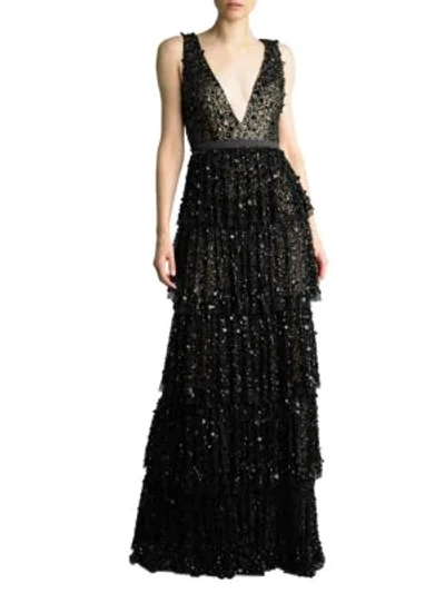 Basix Black Label Sequin Tiered Gown In Black