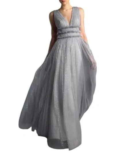 Basix Black Label Inflection Pleat Tulle Gown In Silver