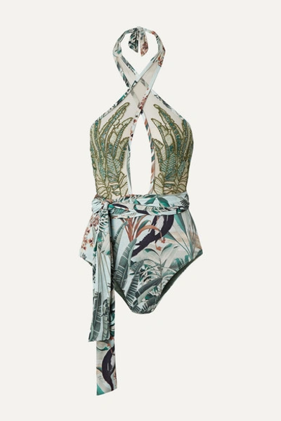 Patbo Eden Belted Embellished Tulle-paneled Halterneck Swimsuit In Verde