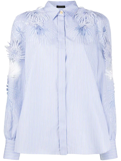 Versace Embroidered Appliquéd Striped Cotton-poplin Blouse In Blue