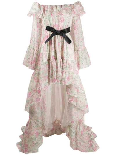 Giambattista Valli Asymmetric Bow-embellished Ruffled Floral-print Silk-chiffon Dress In Ivory