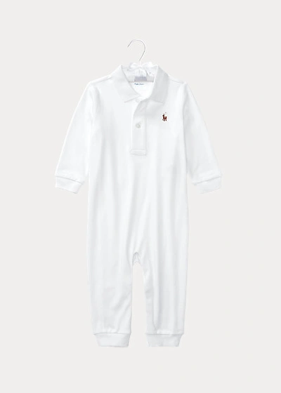 Ralph Lauren Babies' Long-sleeve Pima Polo Coverall, White In Beryl Blue