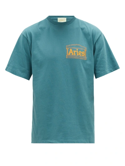 Aries Temple-logo Cotton-jersey T-shirt In Blue