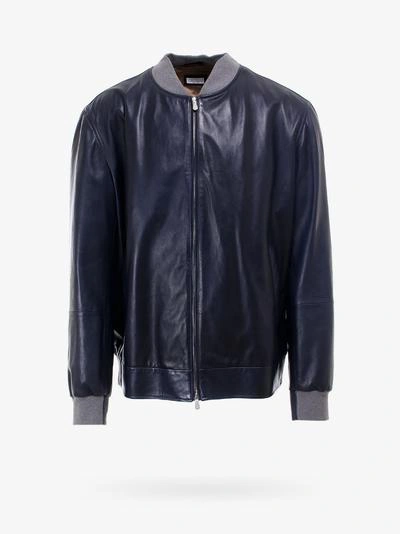 Brunello Cucinelli Reversible Zip Front Nappa Leather Bomber Jacket In Blue