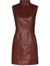 Ganni Sleeveless Lamb-leather Wrap Dress In Red