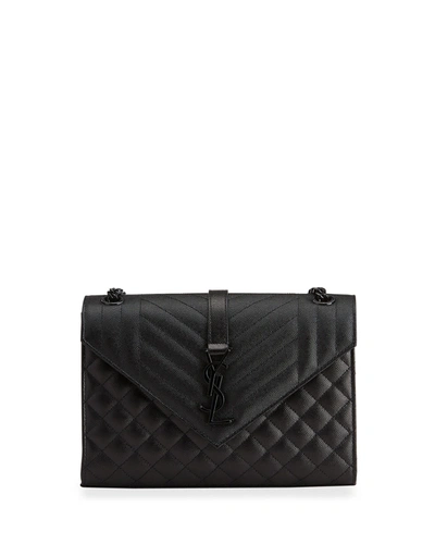 Saint Laurent Triquilt Medium Ysl Monogram Grain De Poudre V Flap Satchel Bag - Black Hardware In Black Black