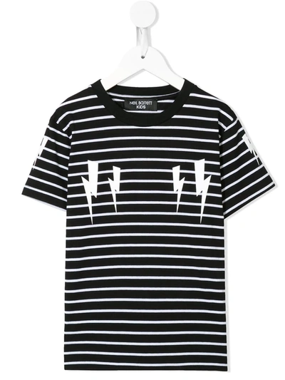 Neil Barrett Kids' Lightning Bolt-print Striped T-shirt In Black