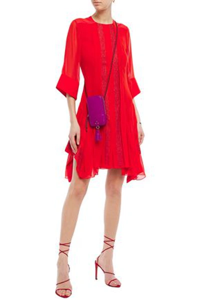 Chloé Asymmetric Lace-paneled Pleated Georgette Mini Dress In Red