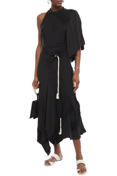 Chloé Asymmetric Frayed Satin-crepe Midi Dress In Black