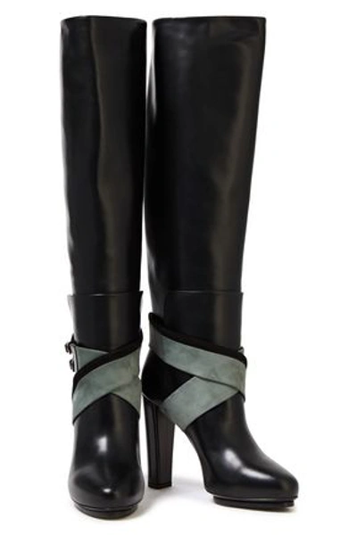 Balenciaga Buckled Nubuck-paneled Leather Knee Boots In Black