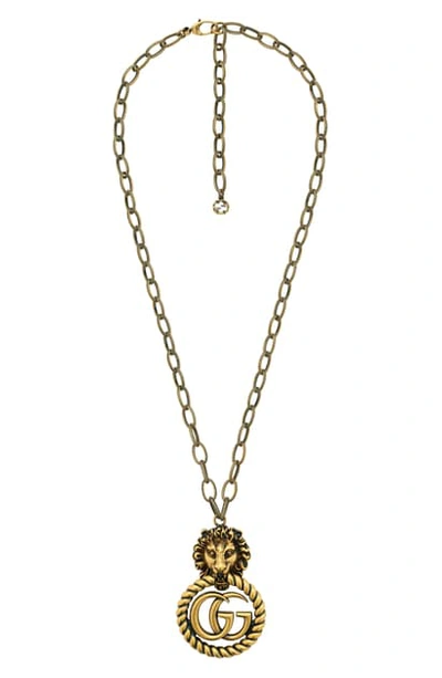 Gucci Lion Head Double-g Pendant Necklace In Gold