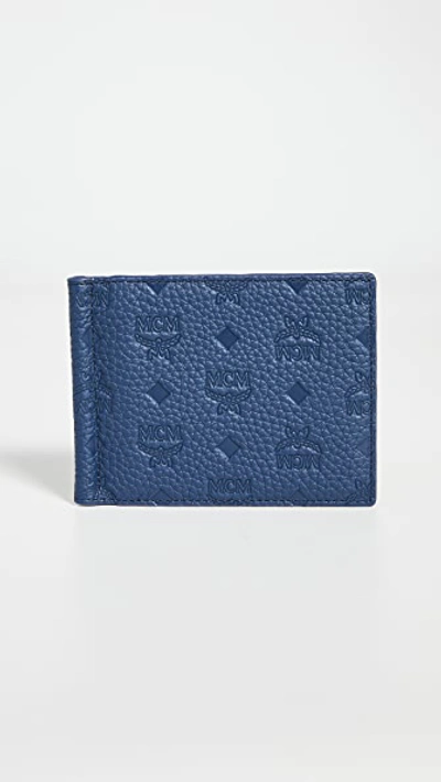 Mcm Max Embossed Leather Mini Card Case In Navy Blue