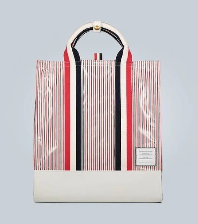 Thom Browne Striped Coated Seersucker Tote Bag In Multicoloured