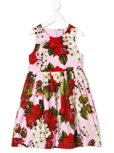 Dolce & Gabbana Kids' “geranium”印花双面棉连衣裙 In Multicolor