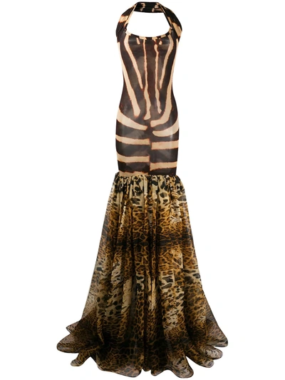 Pre-owned Gianfranco Ferre 1990s Animalier Print Flared Gown In Neutrals