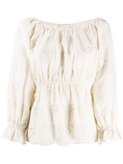 Mes Demoiselles Floral Embroidered Fitted Top In Neutrals