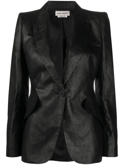 Alexander Mcqueen Shiny One-button Blazer In Black