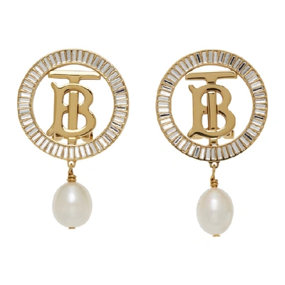 Burberry Pearl Detail Gold-plated Monogram Motif Earrings In Light Gold