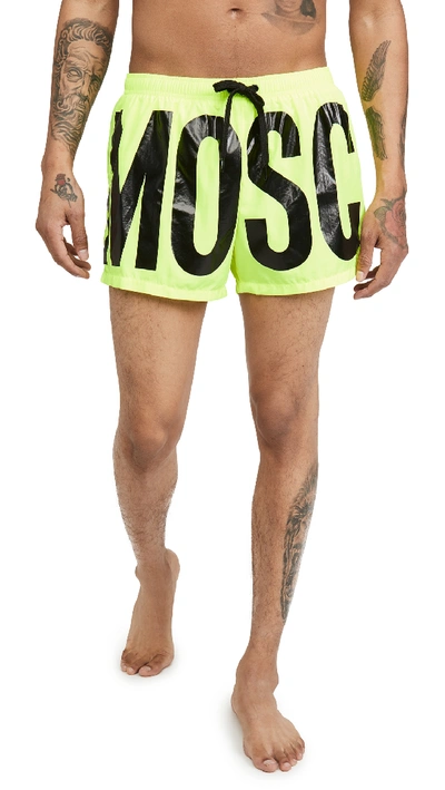 Moschino Fluo Beach Boxer With Logo In Florescent Yellow