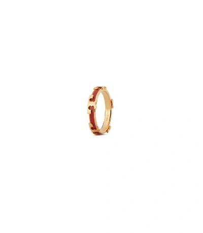 Tory Burch Serif-t Enameled Stackable Ring In Tory Gold/poppy Red