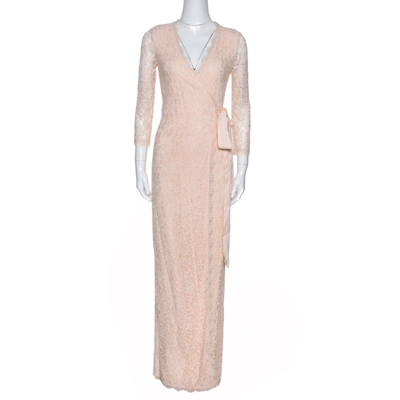 Pre-owned Diane Von Furstenberg Cream Floral Lace Julianna Wrap Maxi Dress Xs