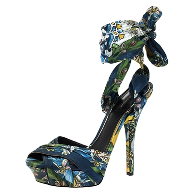 Pre-owned Dolce & Gabbana Multicolor Lilly Printed Foulard Pleated Cross Strap Ankle Wrap Sandals Size 41