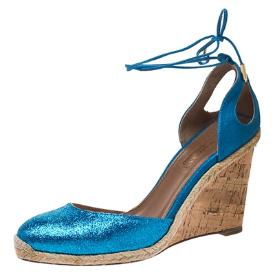 Pre-owned Aquazzura Blue Glitter Fabric And Leather Palm Beach Ankle Tie Cork Wedge Sandals Size 38
