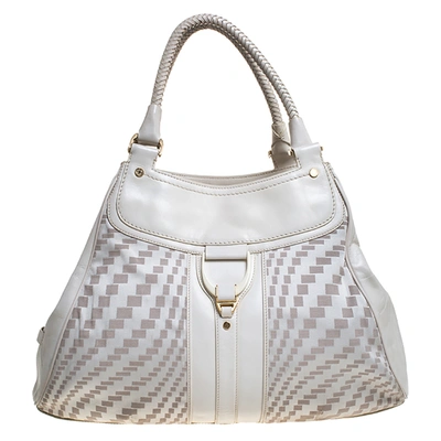 Pre-owned Cole Haan White Checkered Fabric And Leather Triangle Tote