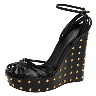Pre-owned Gucci Black Leather Studded Wedge Ankle Strap Sandals Size 40