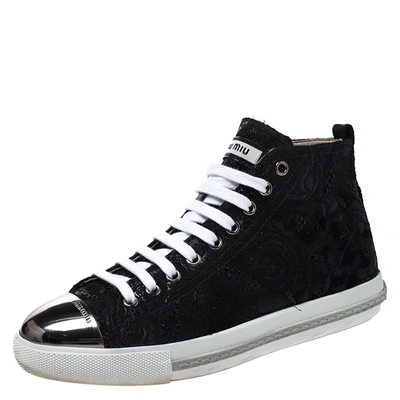 Pre-owned Miu Miu Black Brocade Fabric Metal Cap Lace Up Sneakers Size 37