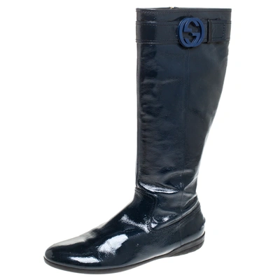 Pre-owned Gucci Dark Teal Patent Leather Gg Knee Boots Size 41 In Blue