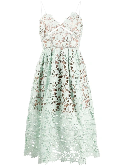 Self-portrait Embroidered Sheer Dress In Green