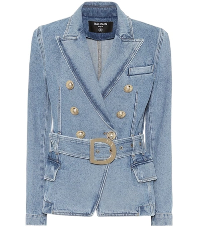 Balmain Double-breasted Belted Denim Blazer In Blue