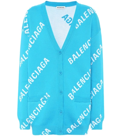 Balenciaga Oversize Logo Jacquard Wool Blend Cardigan In Screen Blue/ White