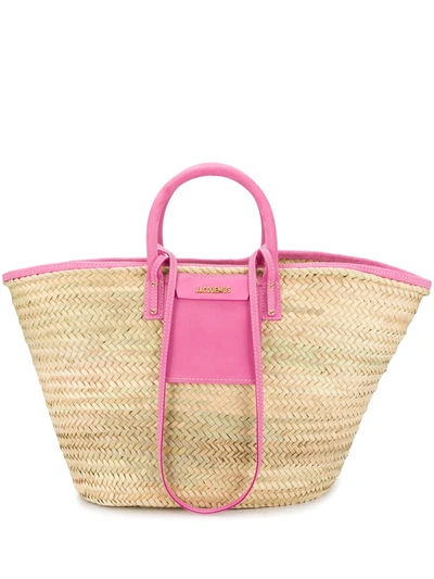 Jacquemus Soleil Large Nubuck-trimmed Straw Tote In Pink