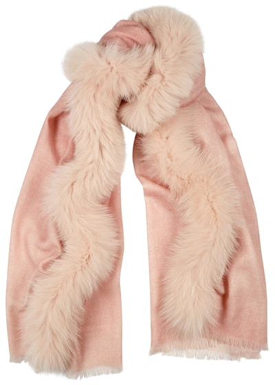Ama Pure Grey Fur-trimmed Wool Scarf In Light Pink