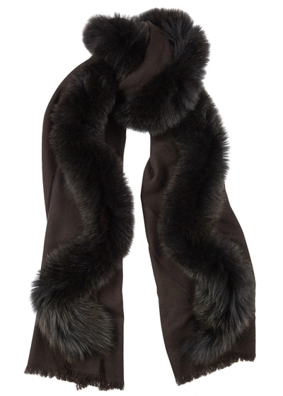 Ama Pure Brown Fur-trimmed Wool Scarf