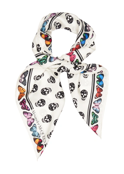 Alexander Mcqueen Ivory Skull And Butterfly-print Silk Scarf In Ivory And Other