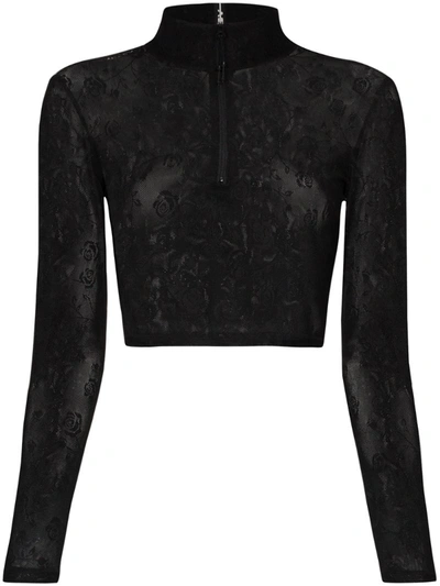 Adam Selman Sport Embroidered Floral Sheer Cropped Top In Black