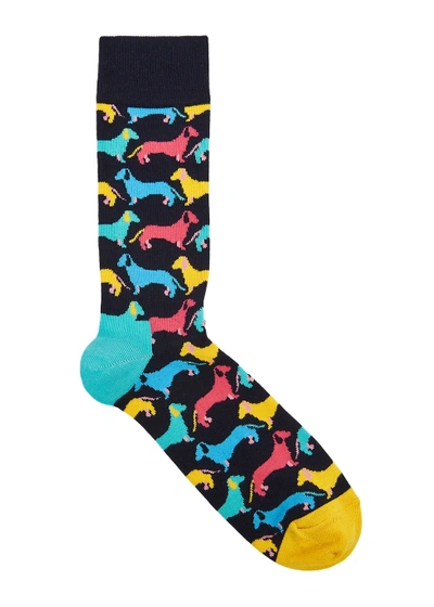 Happy Socks Dog-intarsia Cotton-blend Socks In Blue Multi