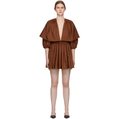 Valentino Caped V-neck Pleated Cotton-blend Mini Dress In Brown