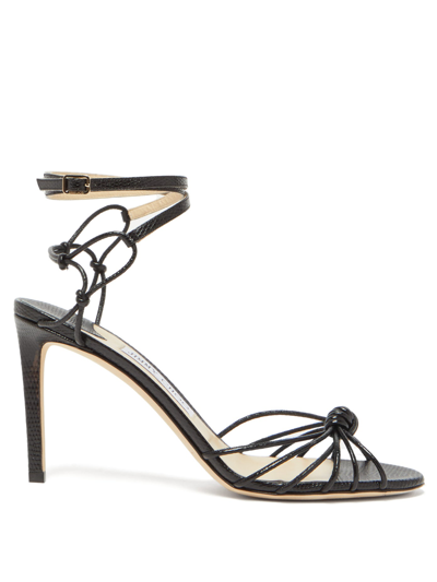 Jimmy Choo Lovella 85 Knotted Lizard-effect Leather Sandals In Black